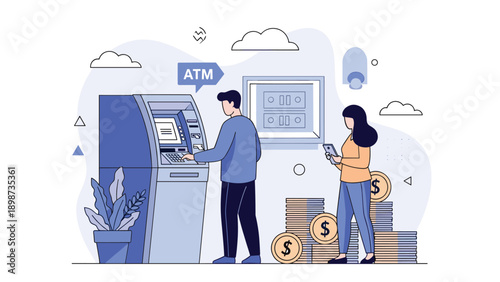 Customers using an automated teller machine for banking transactions and money withdrawal in a modern city setting.