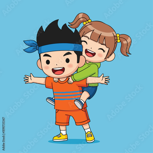 Colorful vector art of smiling boy giving piggyback ride to happy girl with ponytails in casual clothes on blue background