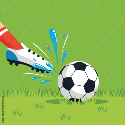 Flat design close up of white cleat kicking wet black and white soccer ball on green grass field splash effect