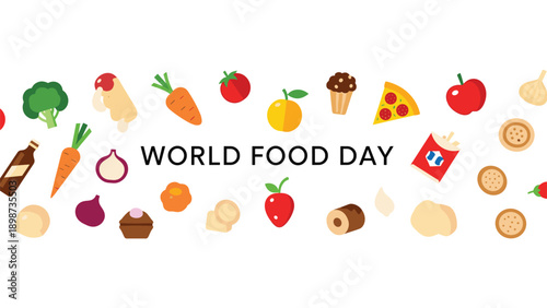 World Food Day banner design with various healthy fruits, vegetables, and snacks icons on a white background banner.