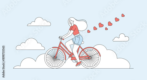 Cheerful woman riding a bicycle through fluffy white clouds with red hearts floating behind her on a light blue sky background.