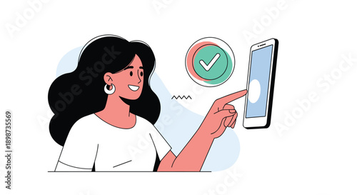 Smiling woman using a smartphone with a green checkmark icon floating above her finger to indicate a success or approval message.