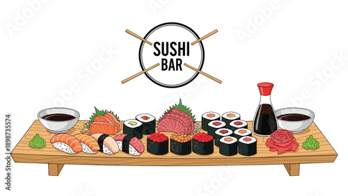 Large set of various sushi rolls and nigiri served on a wooden board with soy sauce and ginger for a restaurant menu.