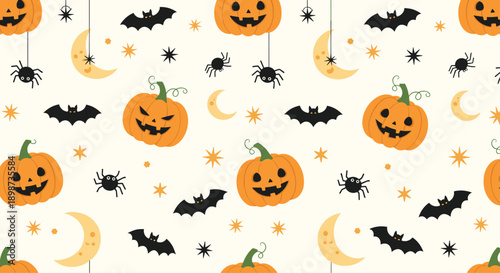 Halloween themed pattern with smiling pumpkins, black bats, and hanging spiders on a light cream colored background for cards.