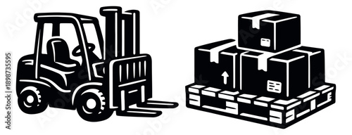 Hand drawn logistics elements set featuring a forklift, boxes, and a pallet for shipping and storage operations