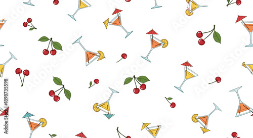 Repeating pattern of cocktail glasses garnished with yellow lemon slices, red umbrellas, and cherries on a white background.