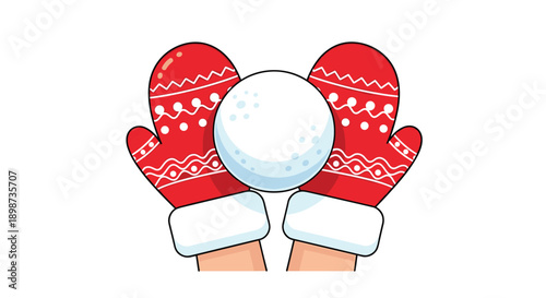 Pair of red patterned mittens holding a large white snowball against a clean white background for winter fun concept.