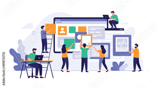 Creative team working on a user interface design with large screen and colorful website elements and icons in office.