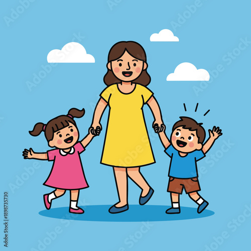 Flat design close up mother holding hands with smiling daughter in pink dress and son in blue shirt walking outdoors together