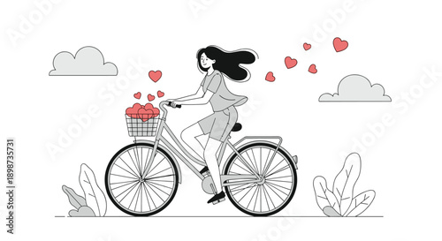 Black and white illustration of a woman riding a bicycle with a basket full of red hearts floating through the air.