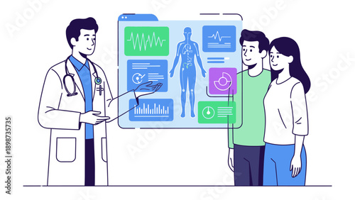 Healthcare Discussion: A health professional explains the test result to a couple, the graphic interface with detailed body information on screen.