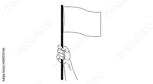 Simple black and white line drawing of a human hand holding a blank white flag on a pole isolated on white background.