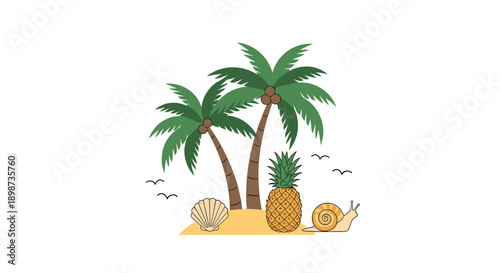 Small tropical island with two palm trees, a large pineapple, a seashell, and a snail crawling along the sandy beach.