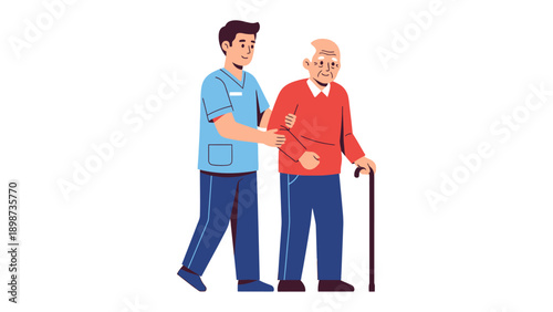 A Helping Hand: A caregiver provides support and assistance to an elderly person, helping them walk with a cane, symbolizing care, empathy, and the importance of supporting aging individuals.