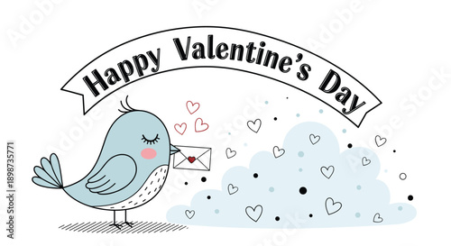 Blue cartoon bird carrying a love letter envelope in its beak against a cloud of hearts and happy valentine's day banner.