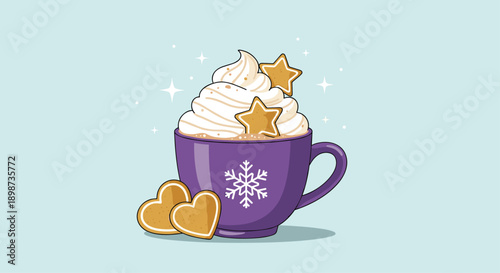 Purple mug of hot chocolate topped with fluffy whipped cream, gold star cookies, and heart-shaped gingerbread biscuits.