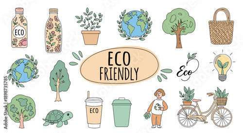 Extensive collection of eco-friendly icons and illustrations including the earth, trees, reusable bottles, and a bicycle.
