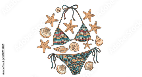 Stylish striped bikini set in blue and brown tones surrounded by an assortment of seashells and starfish for summer.