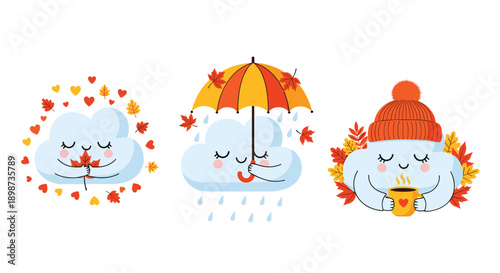Three cute cloud characters enjoying autumn with a maple leaf, an umbrella in the rain, and a hot cup of coffee.
