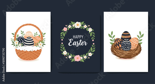 Set of three Easter greeting cards featuring a basket of eggs, a floral wreath, and eggs in a bird nest with happy easter text.