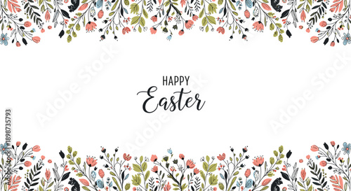 Beautiful floral border with delicate flowers and leaves surrounding a central happy easter message on a white background.
