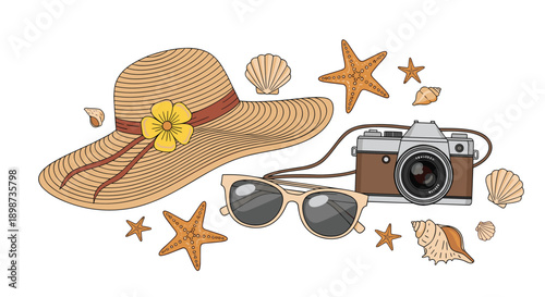 Summer vacation concept with a straw hat, vintage camera, sunglasses, and seashells scattered around on a white background.