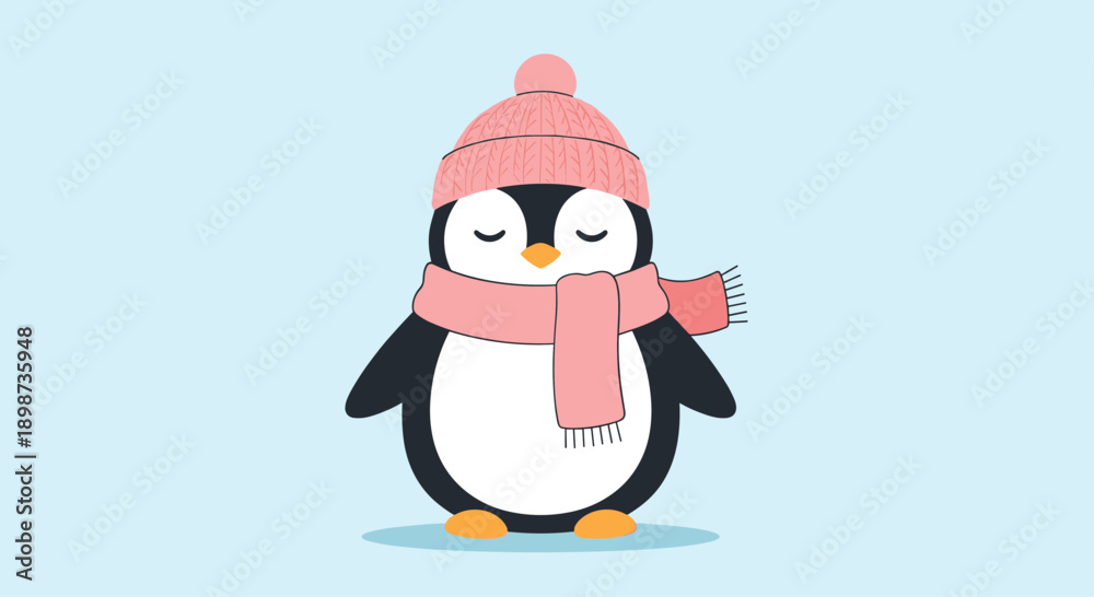 Fototapeta premium Cute cartoon penguin with closed eyes wears a pink knitted hat and matching scarf for a sweet and peaceful winter character.