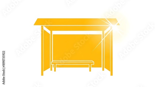 Vibrant yellow bus stop shelter with bench and bright sunlight