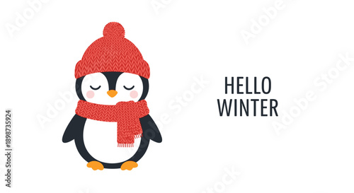 Cute cartoon penguin wearing a red knitted hat and scarf stands with eyes closed for a sweet Hello Winter greeting card design.