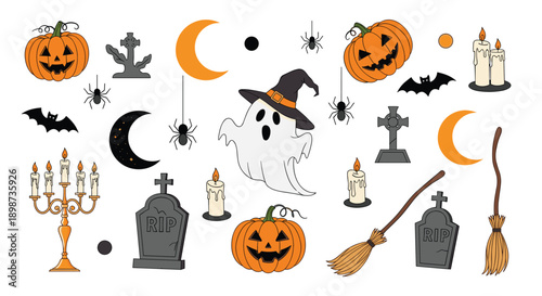 Detailed set of Halloween elements features a ghost, pumpkins, gravestones, a broom, candles, and bats for spooky decorations.