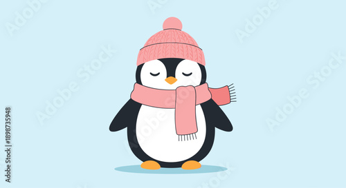 Cute cartoon penguin with closed eyes wears a pink knitted hat and matching scarf for a sweet and peaceful winter character.