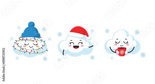 Three cute cartoon clouds wear winter accessories like a beanie, Santa hat, and hold a mug of cocoa while snowflakes fall.