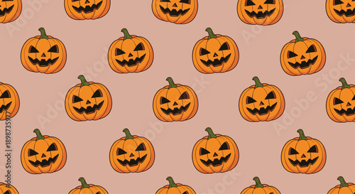 Seamless pattern featuring many orange jack-o-lantern pumpkins with various scary faces set against a solid light brown background.