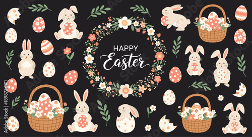 Festive easter illustration set on a dark background featuring cute white bunnies, colorful eggs, flower baskets, and a central wreath.