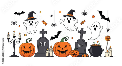 Large Halloween illustration with a spooky cemetery, pumpkins, ghosts, bats, and spiders for festive holiday decorations or banners.