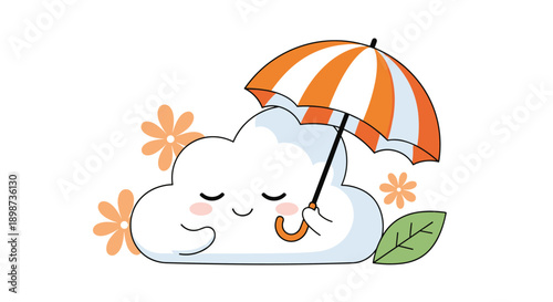 Adorable smiling cloud character holding an orange and white striped umbrella surrounded by flowers and a green leaf.