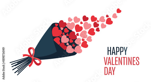 Stylish happy valentines day greeting featuring a bouquet of red and pink hearts wrapped in a dark blue paper cone with a red ribbon.