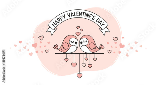 Adorable pink birds sitting on a branch surrounded by hearts with a happy valentines day banner in a soft pastel aesthetic.