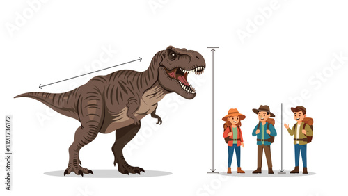 Educational comparison of a massive Tyrannosaurus rex dinosaur size against three human hikers to show its impressive proportions.