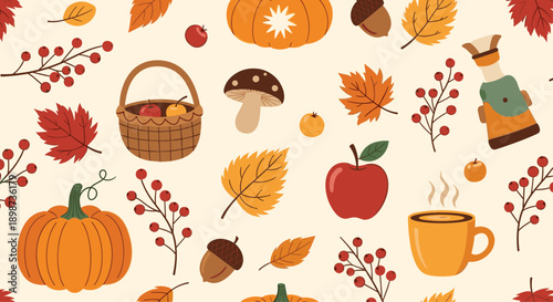 Vibrant autumn pattern containing pumpkins, falling leaves, mushrooms, apples, and a hot beverage mug on a cream background.