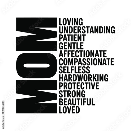 MOM Typography Graphic with Loving and Strong Adjectives for Motherhood