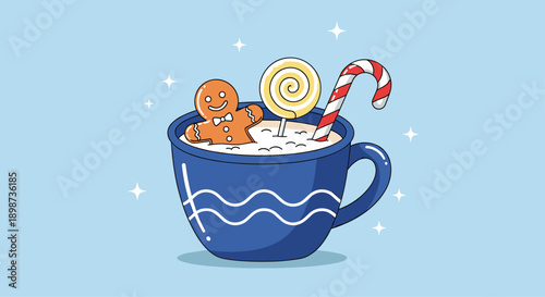 Blue holiday mug filled with a warm drink and garnished with a gingerbread man, a yellow lollipop, and a red candy cane.