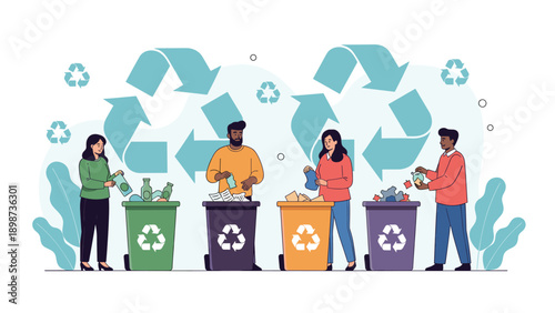 Diverse group of people sorting different types of waste into colorful recycling bins to protect the environment and sustainability.