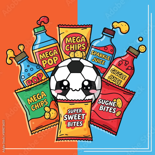 Cute smiling soccer ball surrounded by colorful snack bags and soda bottles with popping bubbles in vibrant orange and blue background