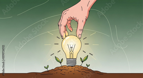 Light Bulb Hand Planting in Fertile Soil with Green Sprouts Illustration