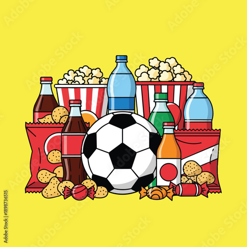 Colorful flat design soccer ball with popcorn soda chips and candy snacks on bright yellow background