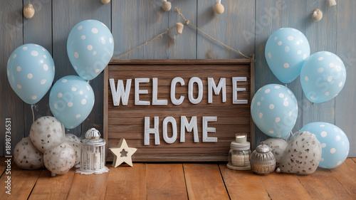 A festive Welcome Home sign surrounded by balloons and simple decorations, joyful atmosphere