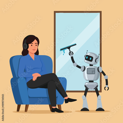 Vector art of small robot cleaning glass window with squeegee next to woman sitting on blue armchair indoors