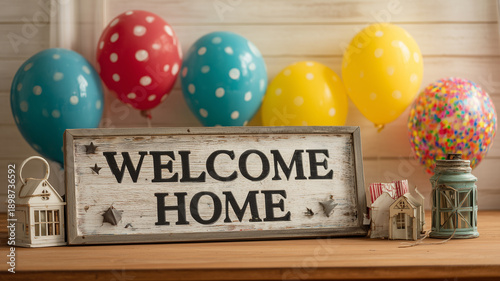A festive Welcome Home sign surrounded by balloons and simple decorations, joyful atmosphere