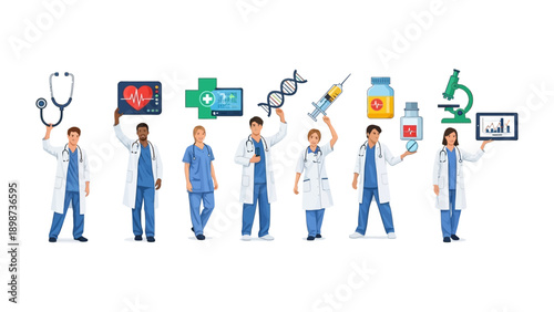 Healthcare Team with Symbols: A diverse group of healthcare professionals, each holding a medical icon, symbolizes collaboration, compassion, and progress in the medical field. 